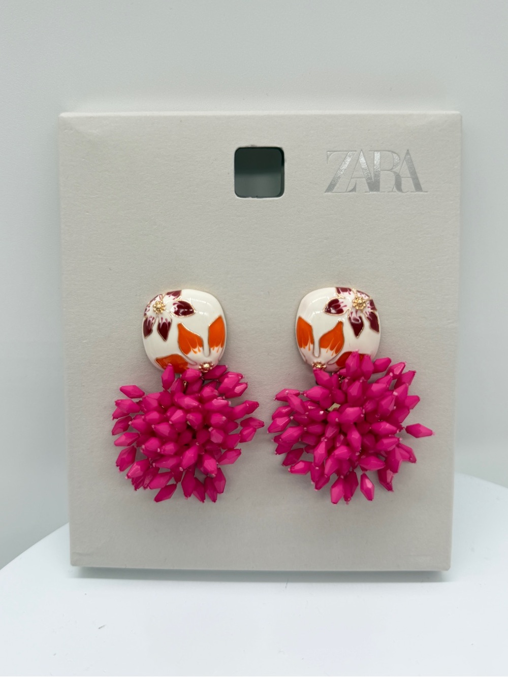 ZARA Resin Design With Pink Beaded Drop Earrings NWT